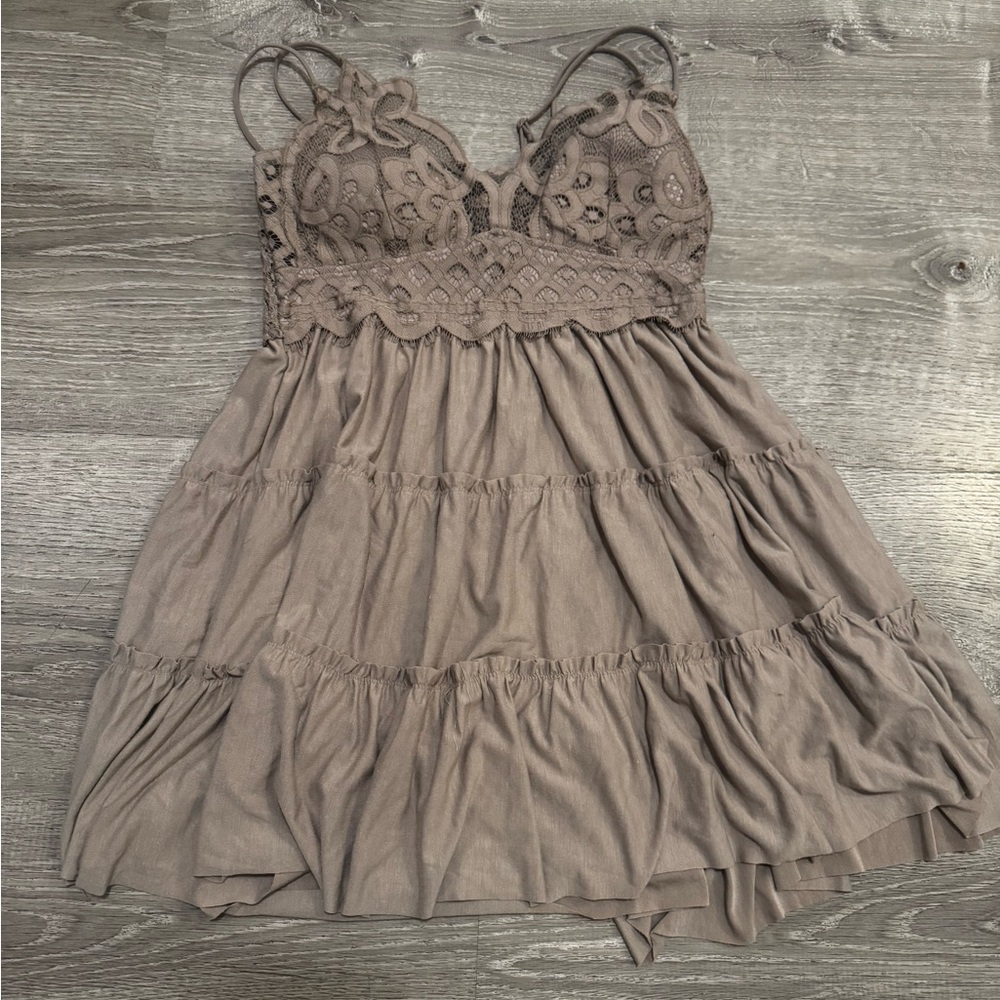 Zenana Outfitters Taupe Lace-Trim Tiered Mini Dress